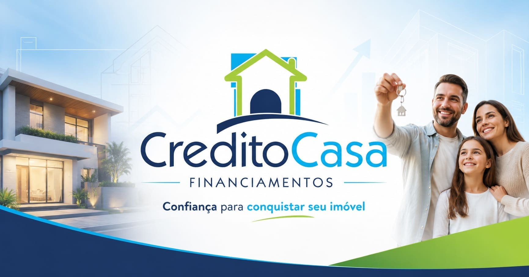 Crédito Casa Financiamentos — assessoria em crédito imobiliário: família recebendo as chaves do imóvel